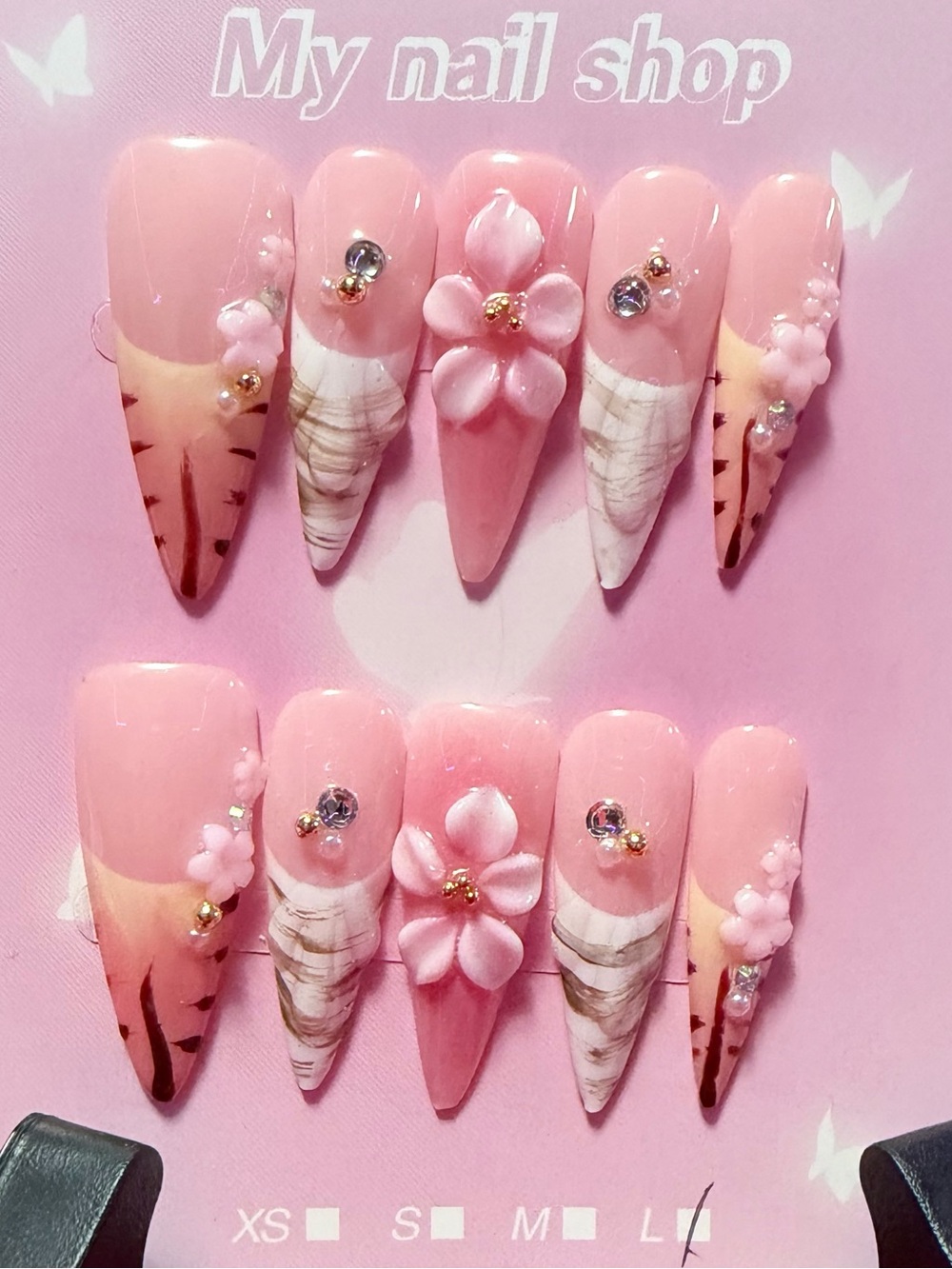 Pink 3D Floral Stiletto Press-On Nails